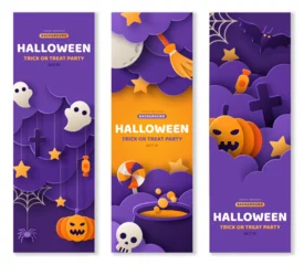 Foto auf Acrylglas Happy Halloween banners set, kids party invite background with clouds, bats and pumpkins. Paper cut art. Vector illustration. Spider web, ghost, skull, witch cauldron. Place for text. Trick or treat © kotoffei