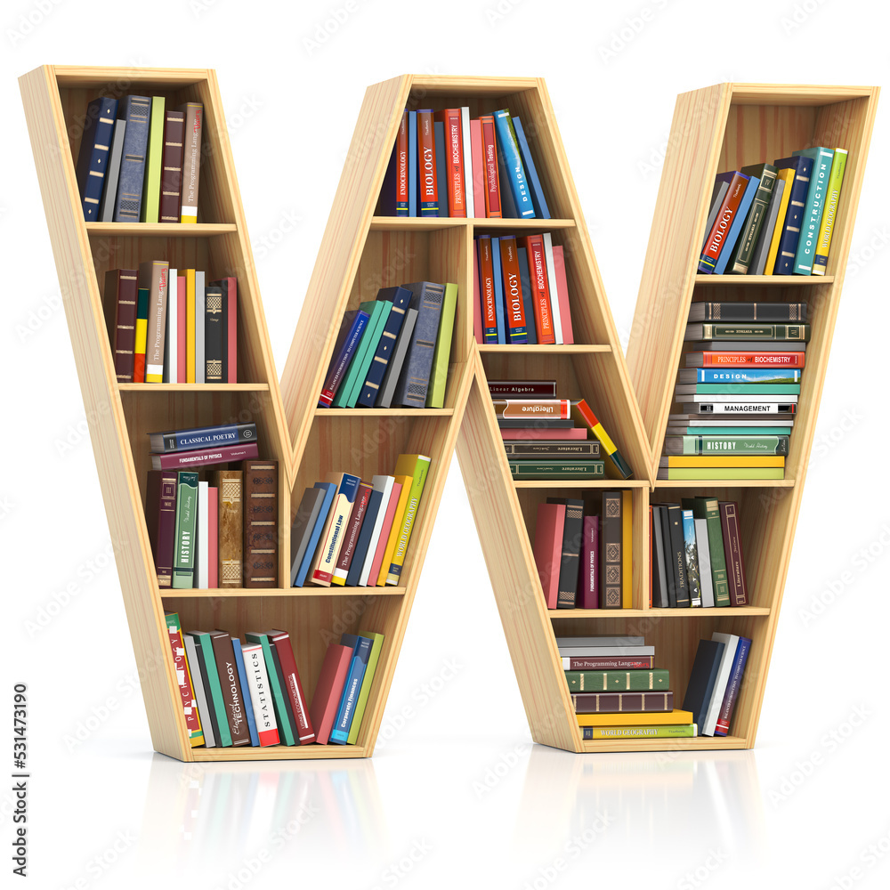 Aufkleber Letter W in form of bookshelf with book and texbooks. Educational and learning conceptual font and alphabet.