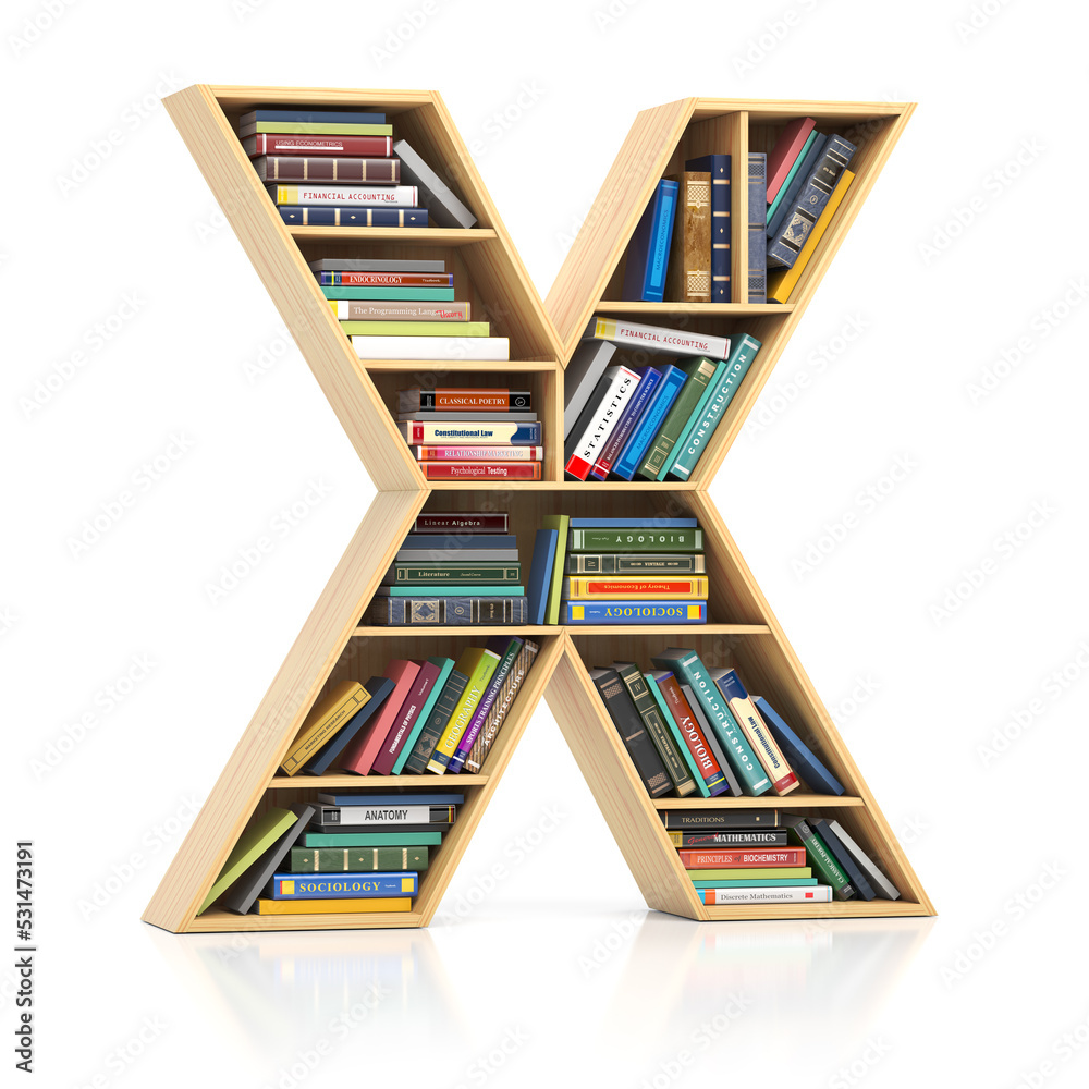 Poster Letter X in form of bookshelf with book and texbooks. Educational and learning conceptual font and alphabet.
