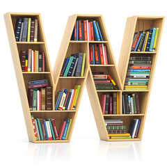 Letter W in form of bookshelf with book and texbooks. Educational and learning conceptual font and alphabet.