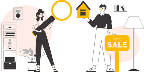 Realtor team. The concept of searching, buying and selling real estate. Linear trendy style. Vector illustration.