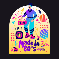 Retro party 80s music man poster with gradient lettering 70s vintage disco dance flyer, cartoon character vector person
