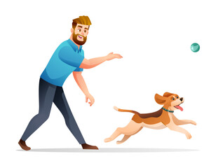Cheerful man playing with his dog cartoon illustration