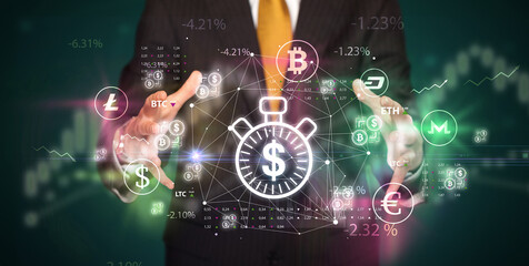 Obraz premium Businessman holding currency symbols concept
