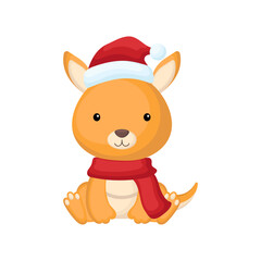 Cute little kangaroo sitting in a Santa hat and red scarf. Cartoon animal character for kids t-shirts, nursery decoration, baby shower, greeting card, invitation. Isolated vector stock illustration