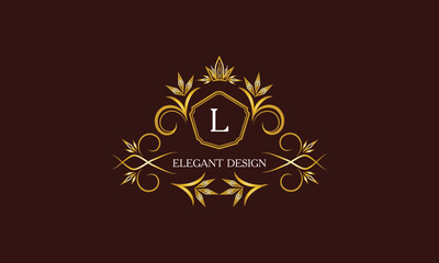 Golden logo template for label or vintage signs with letter L. Geometric ornament, isolated design, gold on dark background. Elegant fashionable lace