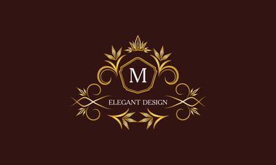 Golden logo template for label or vintage signs with letter M. Geometric ornament, isolated design, gold on dark background. Elegant fashionable lace