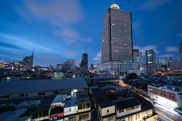 Bangkok Thailand silom bang rak evening in the blue hour.
