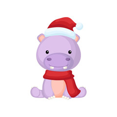 Cute little hippo sitting in a Santa hat and red scarf. Cartoon animal character for kids t-shirts, nursery decoration, baby shower, greeting card, invitation. Isolated vector stock illustration