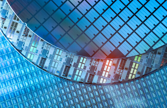 Silicon wafer semiconductor with neon color, integrated circuits to manufacture CPU and GPU