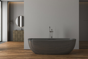 Naklejka na ściany i meble Front view on dark bathroom interior with bathtub, large mirror, vanity, panoramic window in reflection, grey walls and parquet floor. 3d rendering