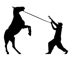 rearing horse with trainer silhouette vector. simple flat design. isolated on white. eps10.