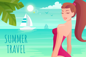 Woman in swimsuit sunbathing at sea or ocean beach. Summer time banner design. Vector illustration