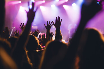 Crowd at concert and blurred stage lights.