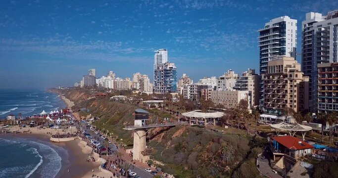 Aerial view of the coast and the city of Netanya in Israel