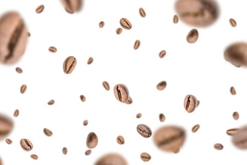 Coffee falling bean background. Black espresso coffee bean flying on white. Aromatic grain fall isolated. Represent breakfast for energy and freshness concept.