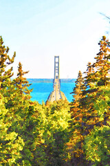 Digitally created watercolor painting of the Mackinac Bridge during early evening