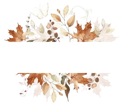 Watercolor rectangle frame on white background. Orange and beige autumn wild flowers, branches, maple leaves and twigs