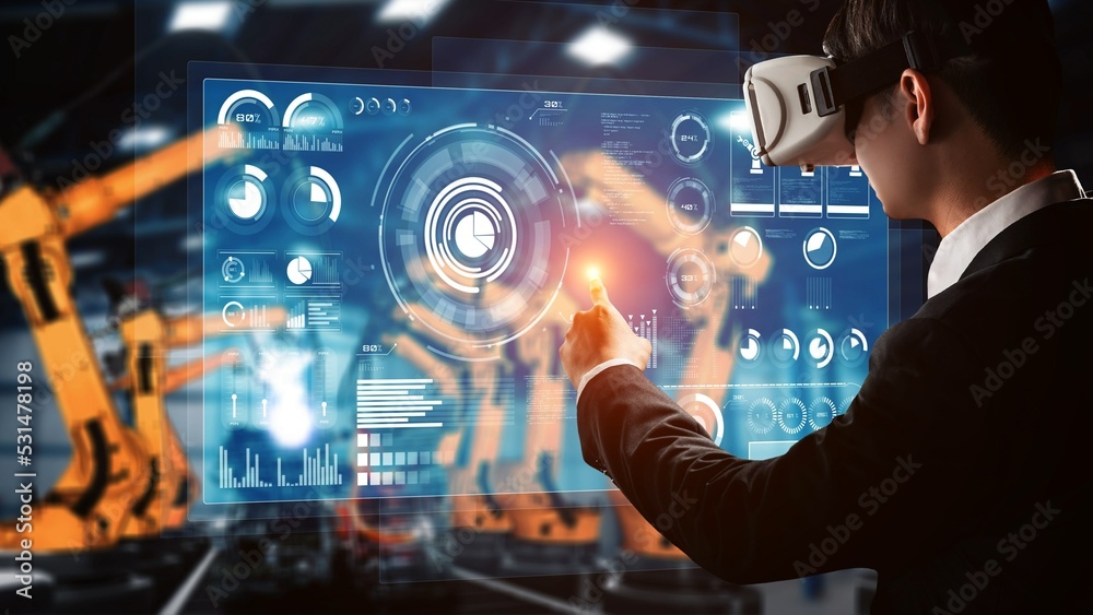 Poster engineer use cybernated robotic software to control industry robot arm in factory . automation manuf