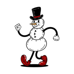  Snowman character. Retro cartoon style 30s. Vector illustration. 