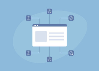 Link Building - Website SEO strategy concept. Organic natural and paid backlinks digital marketing illustration with website page and external outreach seo links icons