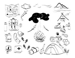 Hiking gear  set vector hand drawn doodles illustration, travel accessories and equipment