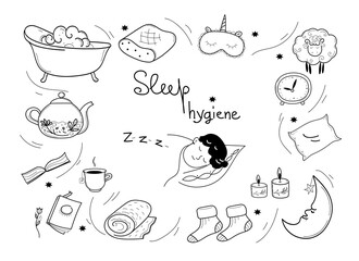 sleep hygiene set vector doodle