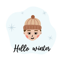 Hello winter hygge cozy illustration boy face with lettering. Perfect for postcard, template, book print.