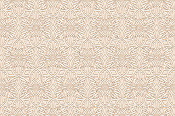 Embossed light background, ethnic decorative floral cover design. Geometric 3D pattern, press paper, handmade style. Tribal ornamental themes of the East, Asia, India, Mexico, Aztecs, Peru.
