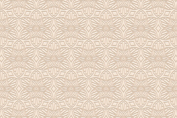 Fototapeta premium Embossed light background, ethnic decorative floral cover design. Geometric 3D pattern, press paper, handmade style. Tribal ornamental themes of the East, Asia, India, Mexico, Aztecs, Peru. 