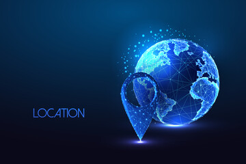 Fototapeta na wymiar Concept of global location with planet Earth globe and pin geolocation marker in futuristic style