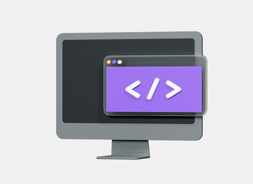 3D Computer monitor and program code development. Web coding concept. Website programming. Realistic elements. Cartoon creative design icon isolated on white background. 3D Rendering