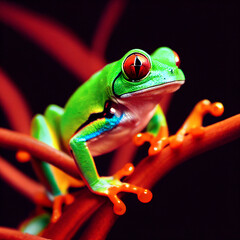 Cute  Tree Frog, on a Leaf with Black Background. 
