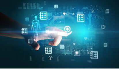 Doctor hand pressing futuristic health device with medical symbol on screen