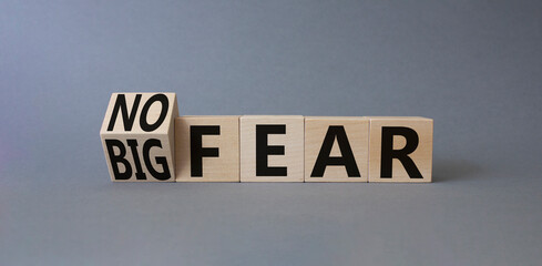 No fear vs big fear symbol. Turned wooden cubes withs words Big fear and No Fear. Beautiful grey background. Business concept. Copy space.