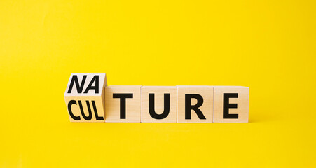 Nature and Culture symbol. Turned wooden cubes with words Culture and Nature. Beautiful yellow background. Business concept. Copy space.