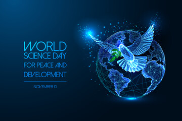 World science day for peace and development banner concept with planet Earth and Dove on dark blue