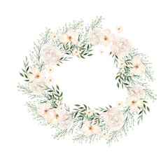 Fototapeta na wymiar Watercolor wreath with different flowers and leaves. Illustration