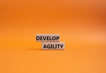 Develop agility symbol. Concept word Develop agility on wooden blocks. Beautiful orange background. Business and Develop agility concept. Copy space