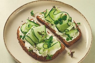Breakfast, cereal bread sandwiches, cream cheese, sliced cucumber, with micro greenery on a light table, close-up, top view, selective focus, no people,