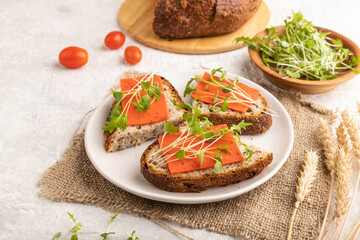 Grain bread sandwiches with red tomato cheese and microgreen on gray, side view, close up.
