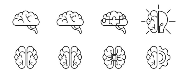 Human brain linear icon set. Brain with lamp, gear, puzzles. Creativity, development, new idea concept. Vector EPS 10
