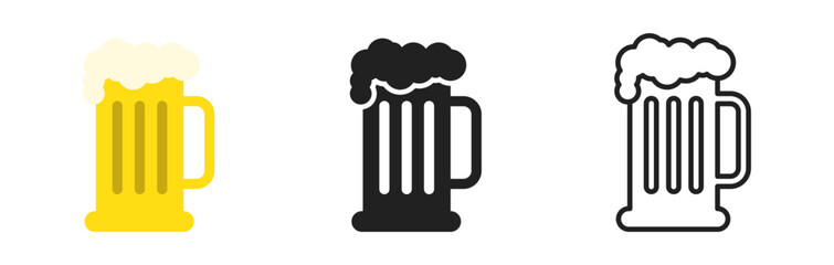 Glass of beer icon set. Black, linear and yellow. Vector EPS 10