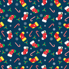 seamless christmas pattern template in cartoon style with christmas candies, gifts, holly leaves and bells. for wrapping paper, textile, themed decor