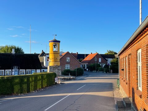 Villagescape with bell tower, Nordby, Samsoe, Jutland, Denmark