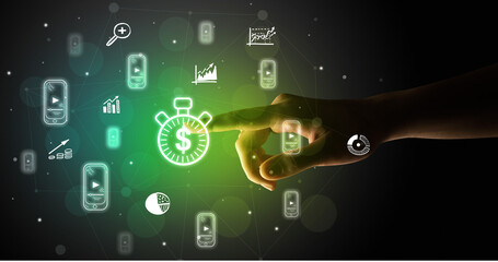 Businessman finger touching on screen multimedia interface with hand drawn currency icons