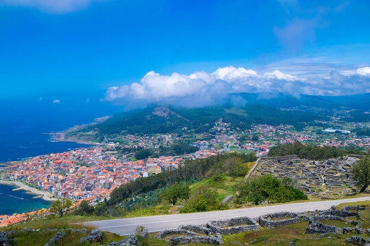 Aerial view of Galician fortress of Santa Tecla and La Guardia village, Pontevedra, Galicia, Spain