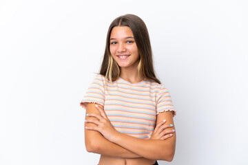 Little caucasian girl isolated on white background keeping the arms crossed in frontal position