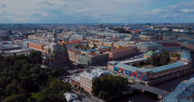 Aerial panorama of the center of St. Petersburg in summer