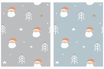 Fototapeta na wymiar Abstract Winter Forest Vector Patterns. Cute White Christmas Trees Made of Scribbles, Santa Claus and Gold Stars on a Light Gray and Light Blue Background. Irregular Xmas Trees Repeatable Design.